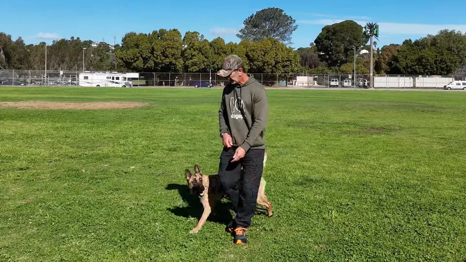 Robert training his Malinois puppy Schmoo on a field